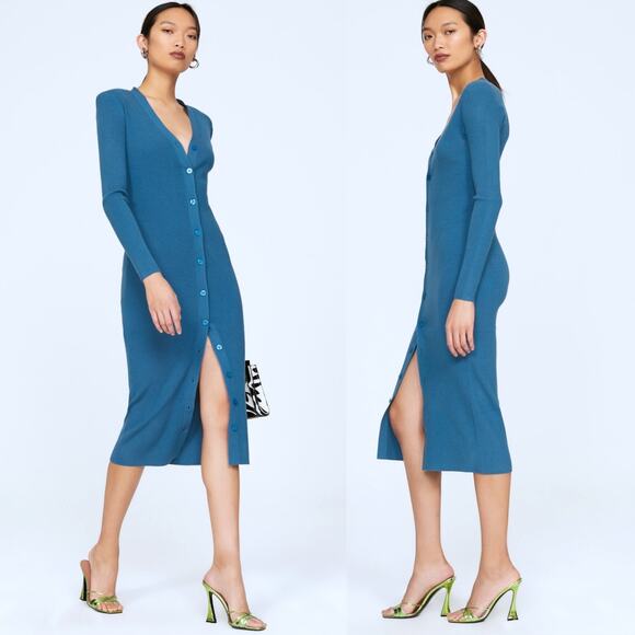 RONNY KOBO Button Front Knit Midi Dress Long Sleeve Cocktail Ribbed Blue BodyCon - Picture 1 of 13